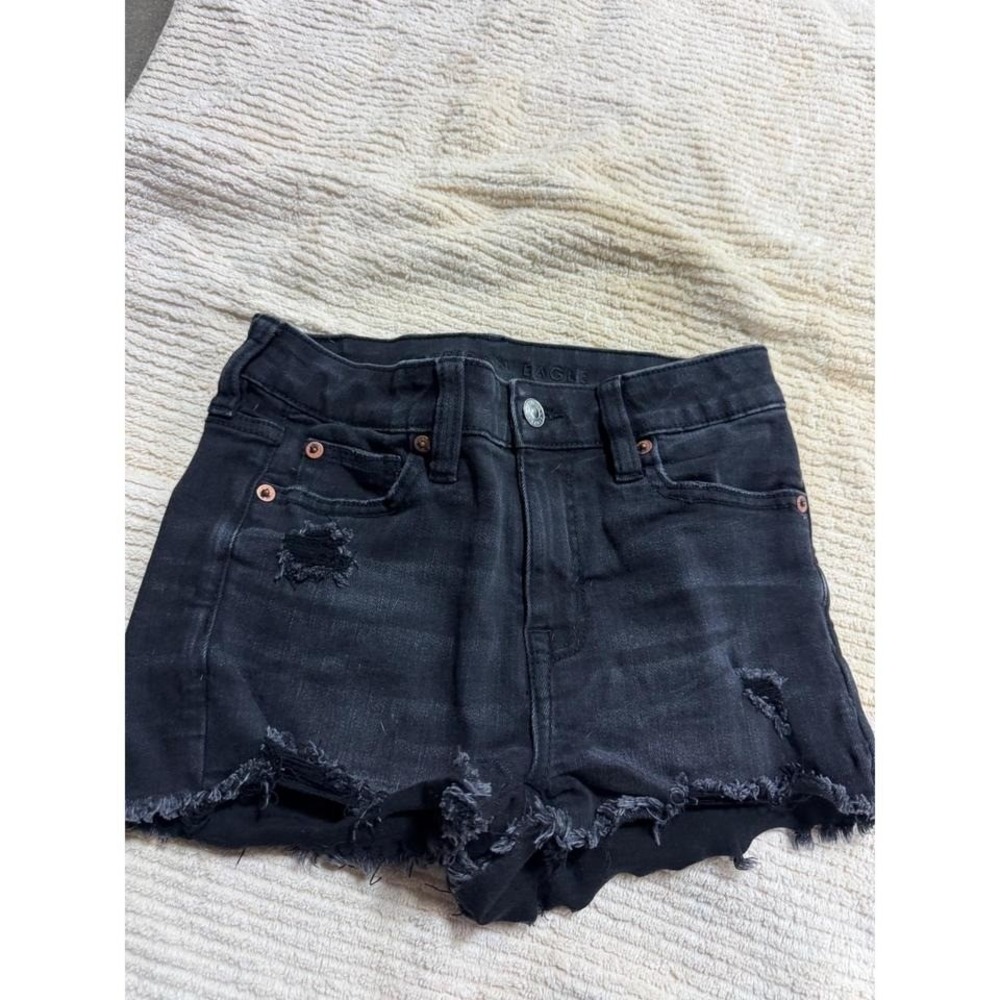 American Eagle Black Distressed High Waisted Denim Cut Off Shorts Womens Size 00